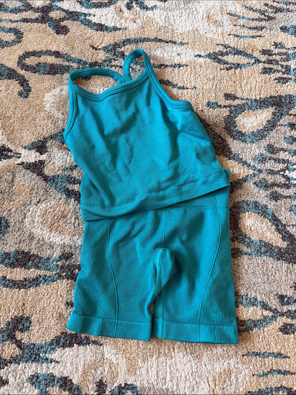 all in motion Teal Ribbed Tank and Bike Shorts Set